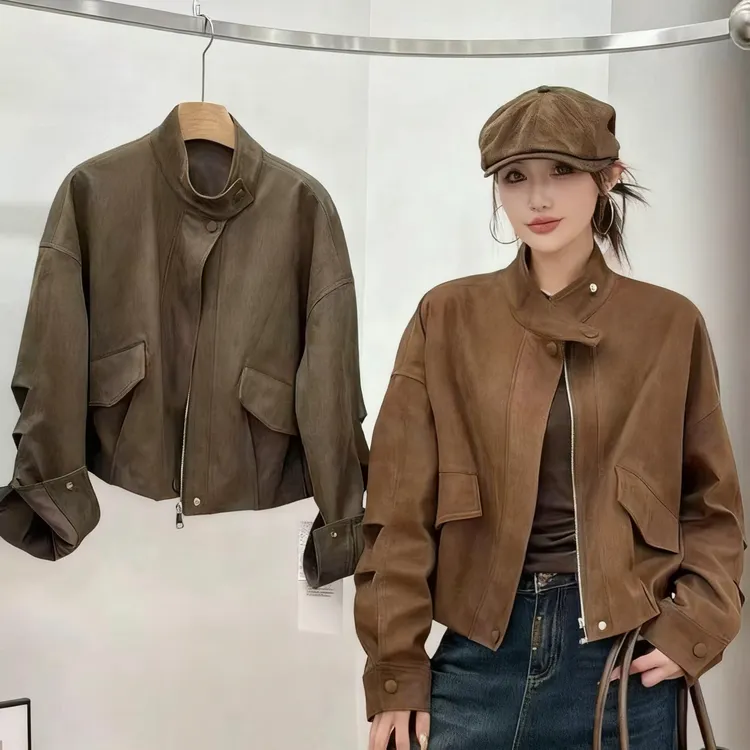 鹿皮绒 秋季宽松夹克棕色女短外套短外套立领ins