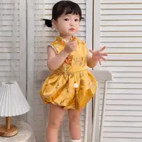 周岁女宝宝礼服夏季薄款唐装生日宴抓周中式旗袍金色包屁复古冠衣