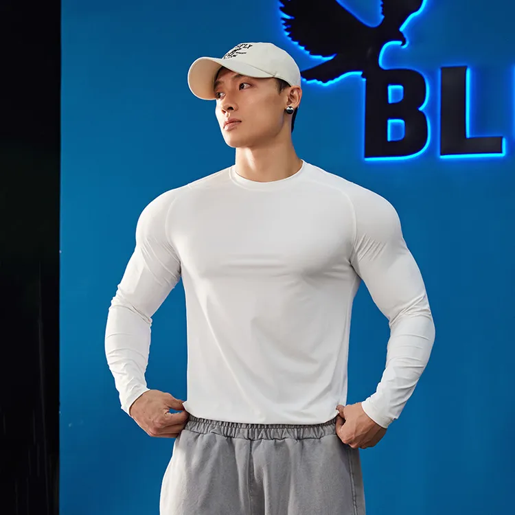 BLUESFLY健身运动长袖t恤男打底衫上衣纯色修身显大透气防晒速干