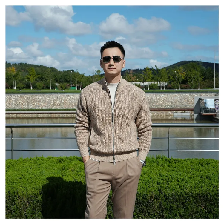 秋冬季男士蜂窝纹毛衣开衫半高领厚款休闲拉链针织外套 AM102