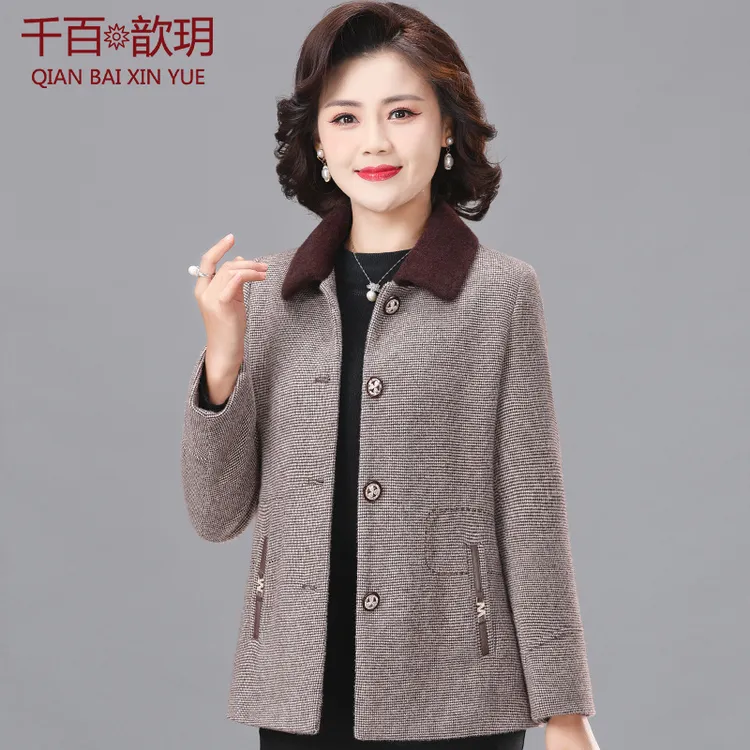 2025新款妈妈秋装外套中年女士毛呢短款中老年春秋时尚貂绒上衣服
