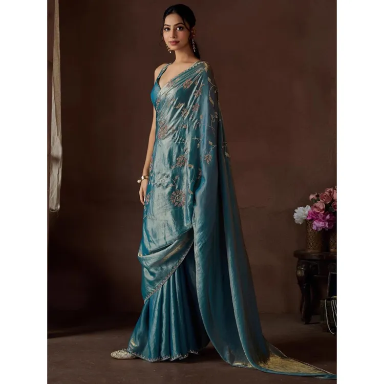 现货高级轻薄丝质印度纱丽带钻亮面民族风显瘦气质女士裹裙新款