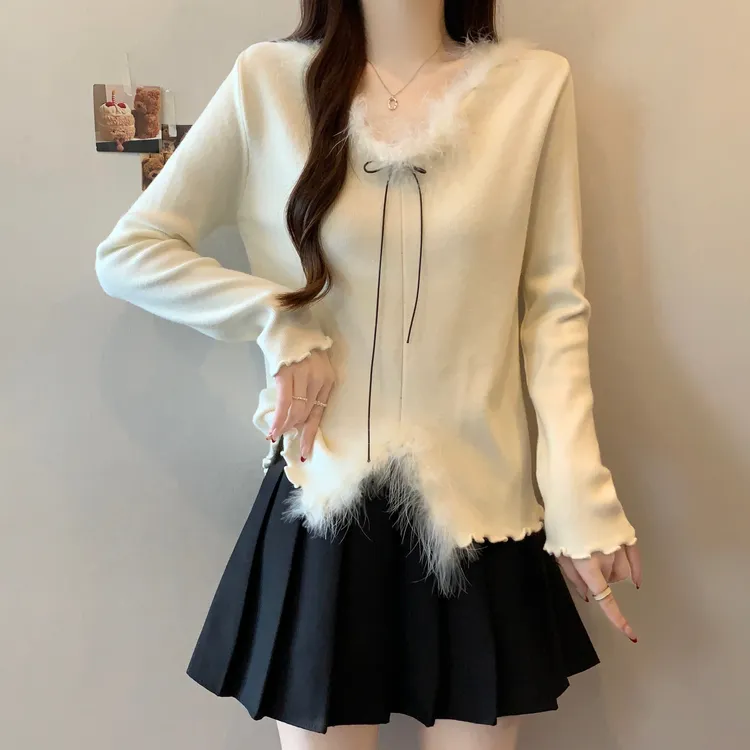 温柔风木耳边V领针织衫女秋冬新款胖MM显瘦设计感小众打底衫上衣