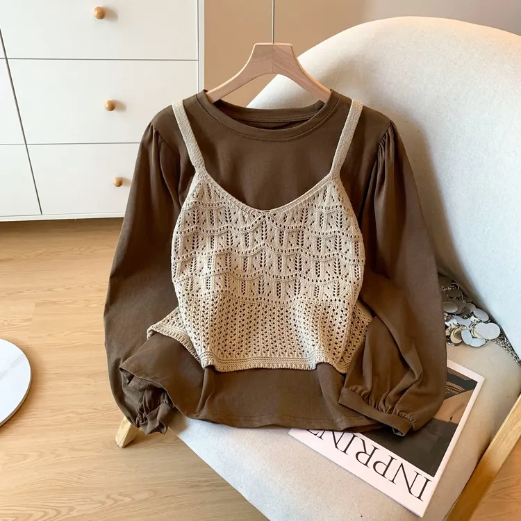 韩系时尚设计感针织背心+长袖衬衫两件套女秋季新款百搭套装上衣