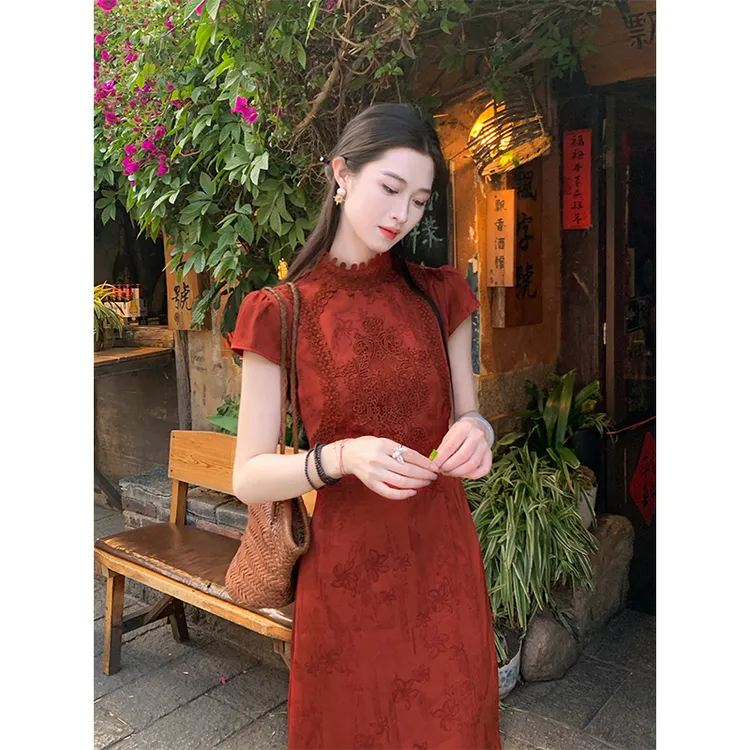 凌茜【朱砂】国风新中式红暗纹提花裙高级感气质显瘦收腰旗袍连衣裙