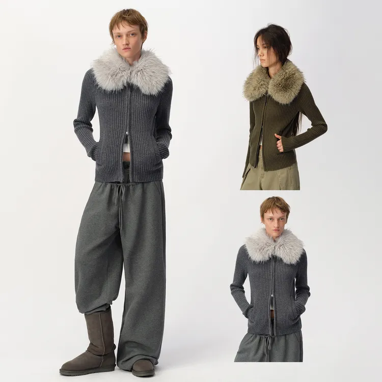 SMIIILE大毛领可拆卸开衫修身显瘦拉链长袖针织毛衣外套开衫秋冬