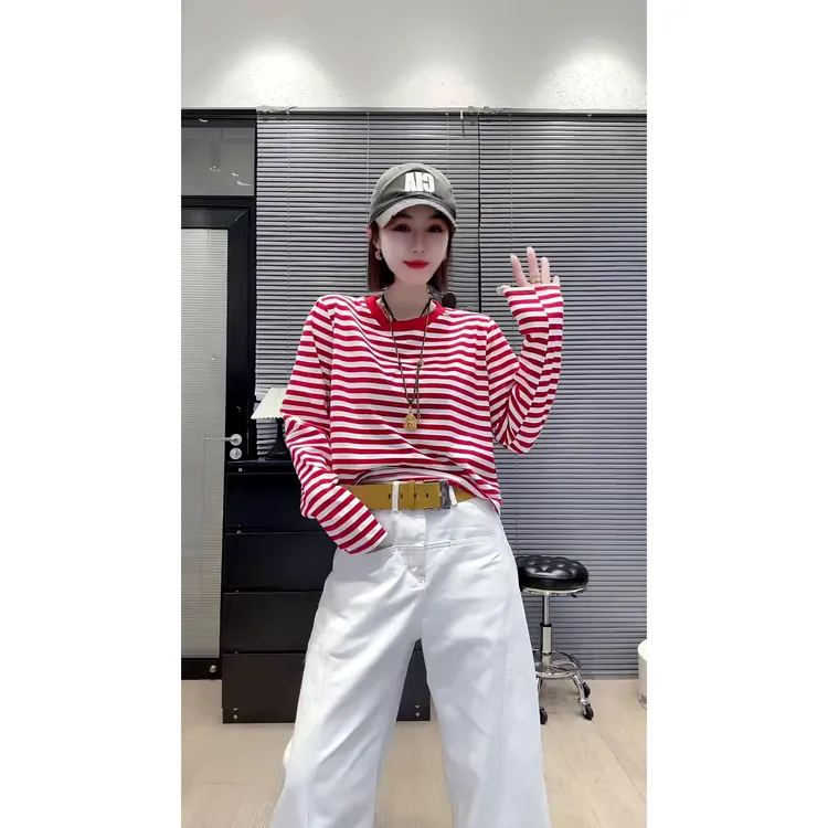 早春款宽松休闲百搭韩系圆领撞色条纹长袖T恤女