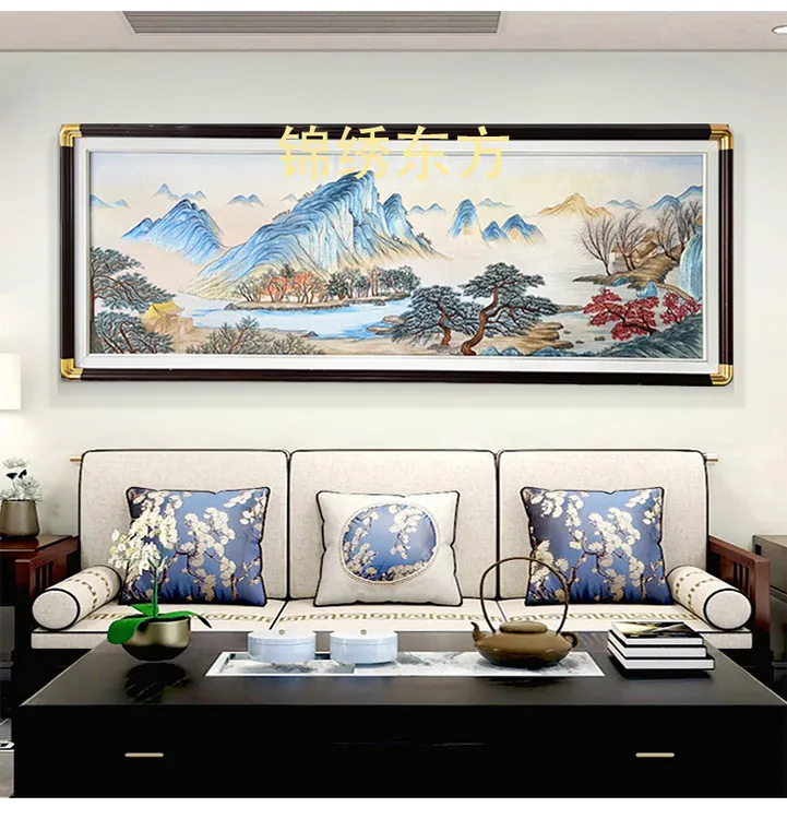 富春山居图山水新中式刺绣客厅沙发背景装饰画