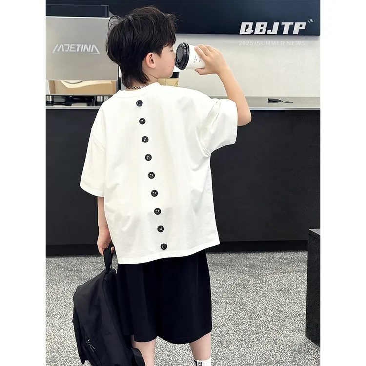 Q宝家童品5月新款儿童白色短袖t恤夏装薄款男童T恤中大童帅气上衣