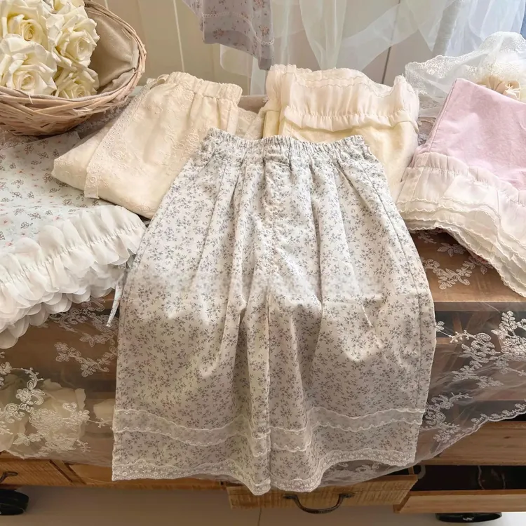  女童防蚊裤小女孩韩系复古田园风碎花花边休闲裤洋气百搭阔腿裤