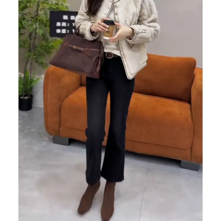 黑灰小个子微喇牛仔裤女秋冬加绒高腰百搭弹力显瘦修身九分喇叭裤