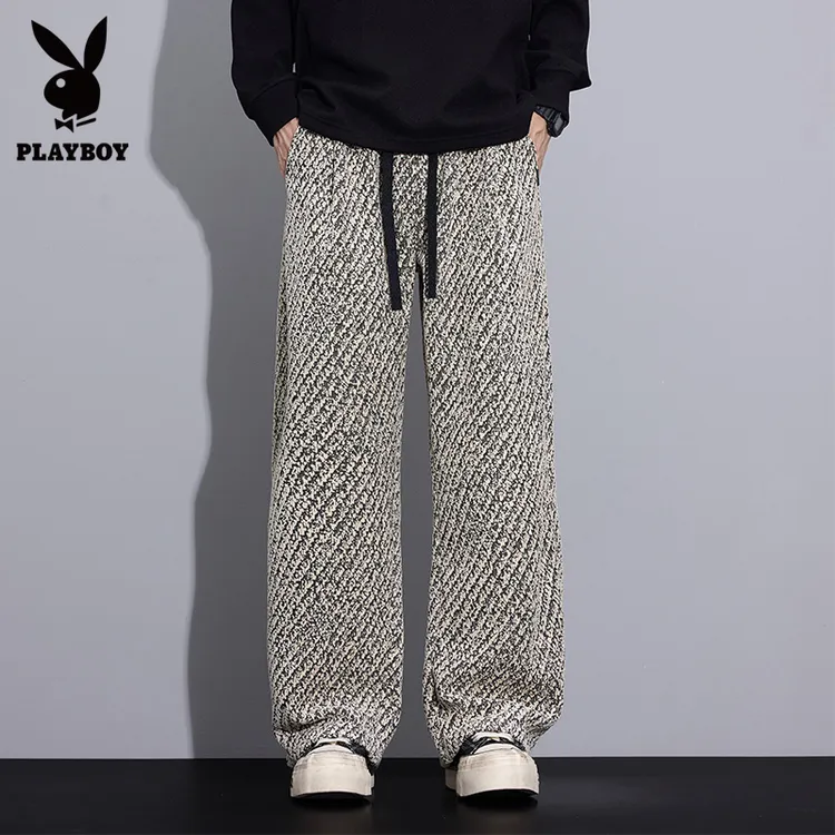 花花公子秋冬斜纹针织休闲裤男士2025新款宽松提花阔腿裤直筒长裤