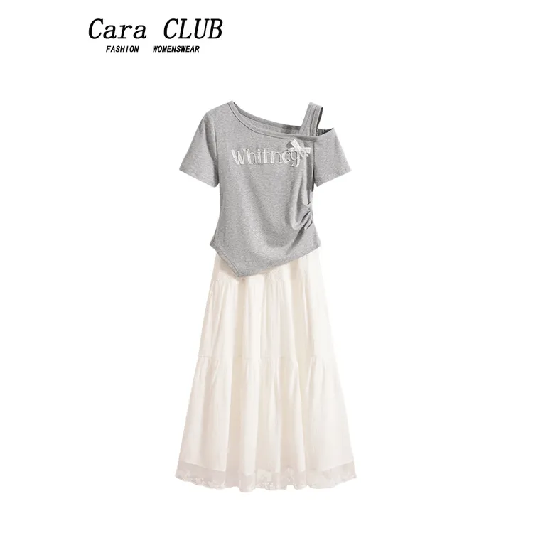 Cara CLUB大码短袖半身裙两件套女夏季新款胖妹妹休闲设计感套装