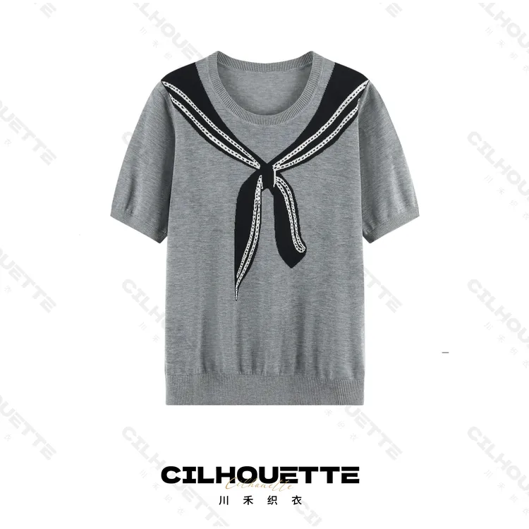 【清】川禾织衣 夏季撞色海魂风100纯兰精天丝短袖针织T恤薄款透气