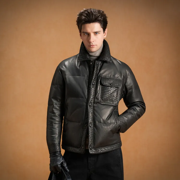 言吉新款男装真皮编织白鸭绒翻领外套高端潮绵羊皮羽绒服YJRL231
