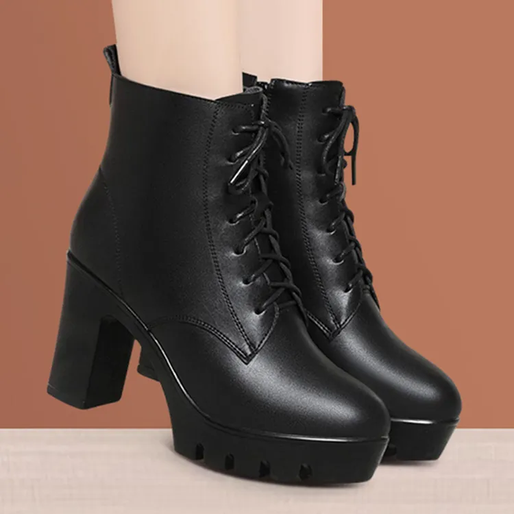 妈妈冬季加绒中筒靴粗跟马丁靴女高跟厚底防水台圆头系带加绒短靴