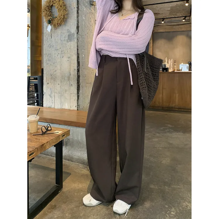 大婉酱微胖定制咖色阔腿高腰垂感西装裤女早秋休闲高级长裤9874D