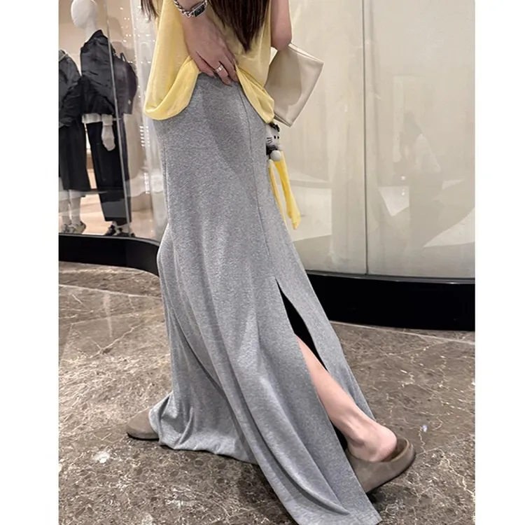 花乐集慵懒松弛感灰色半身裙女夏季新款高腰显瘦垂坠感后开叉字长