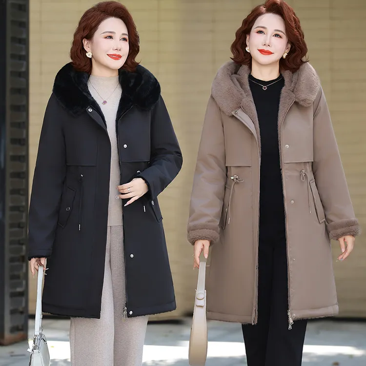 妈妈冬装外套2025新款洋气毛领秋冬派克服中老年女中长款保暖棉服
