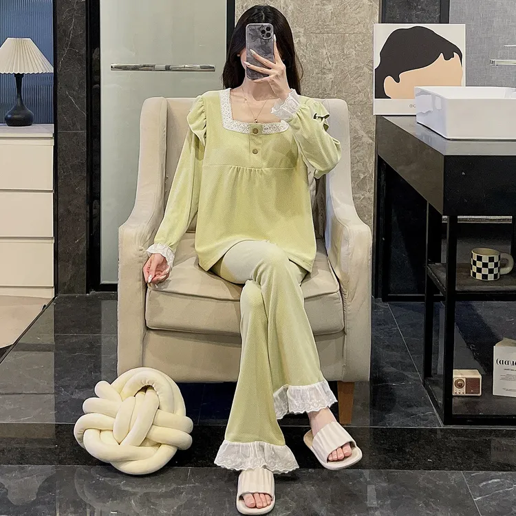 宫廷风睡衣女生新款秋冬季羊绒保暖绿色方长袖德绒休闲家居服套装