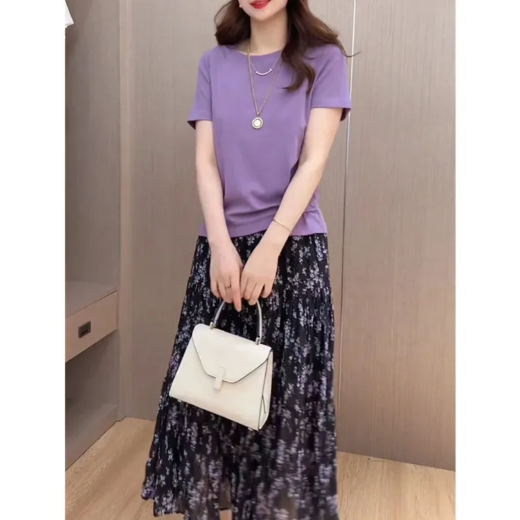 今年流行漂亮套装裙女夏装时尚休闲不规则上衣碎花半身裙两件套装