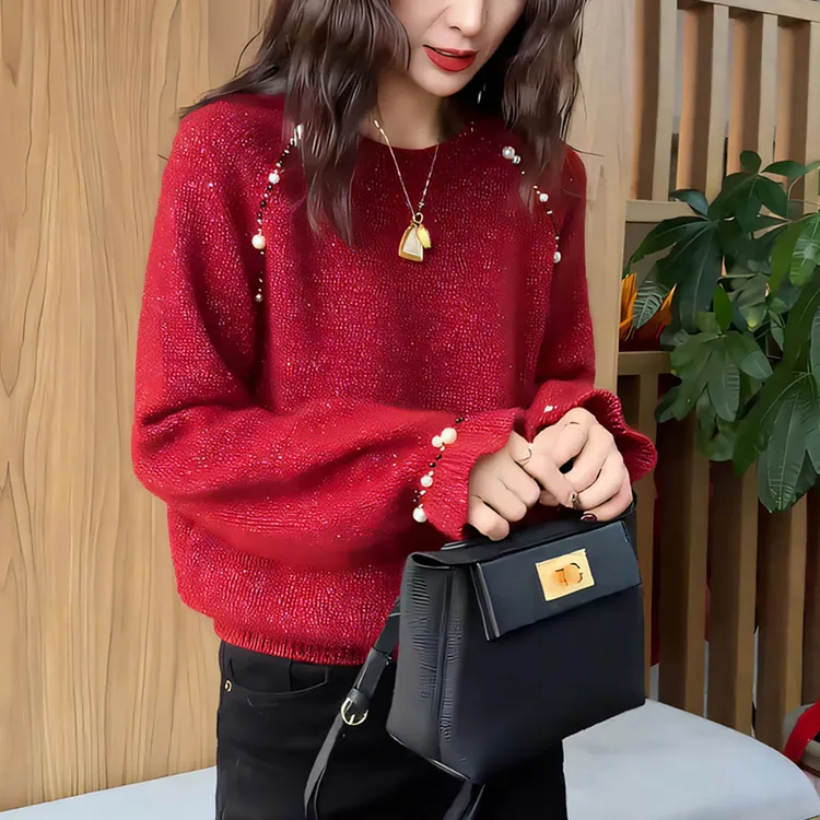 慵懒红色毛衣女2025秋冬新款重工钉珠洋气减龄内搭打底针织衫上衣