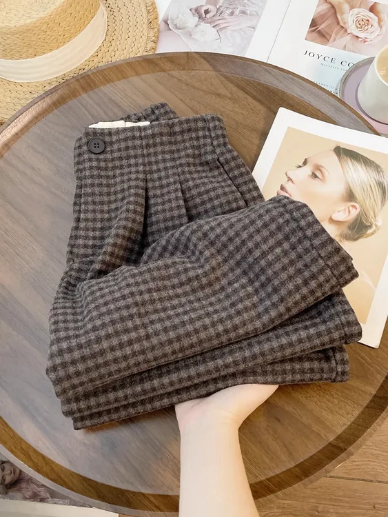 【加厚双面呢】秋冬复古格子裤女半松紧垂感宽松百搭显瘦经典阔腿裤