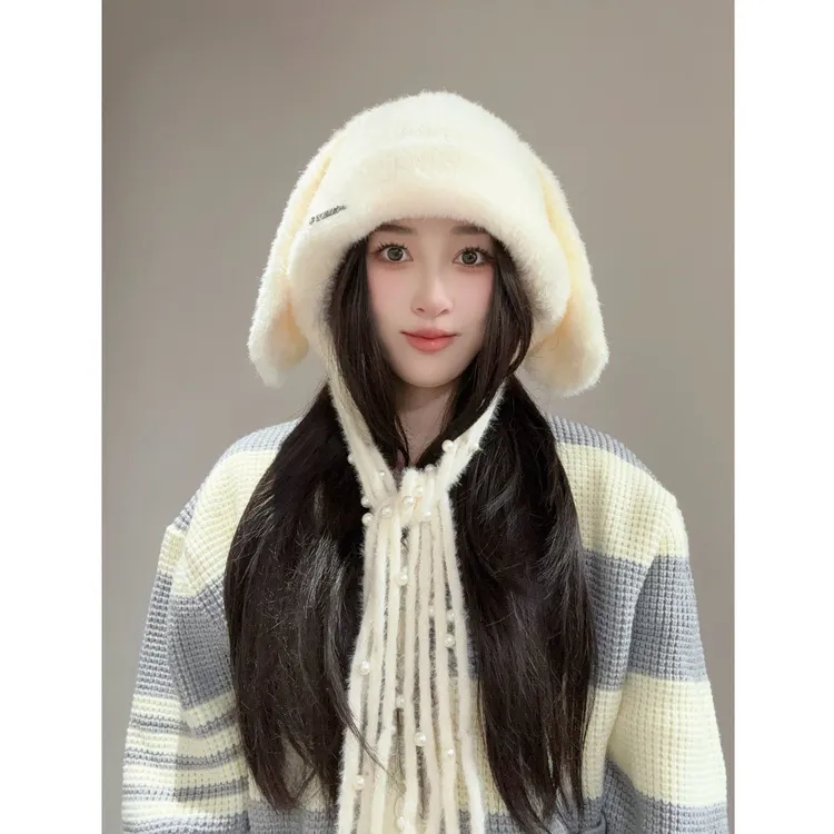 氛围感毛绒兔兔流苏堆堆帽 女气质女神显脸小加厚保暖护兔毛盆帽