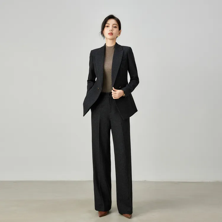 冬季黑色人字纹羊毛呢厚款职业西装套装正装高级感商务干练西服女