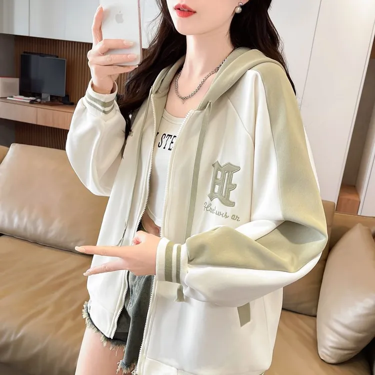 学院风撞色插肩袖薄款/加绒连帽开衫卫衣女春秋冬韩版外套上衣ins