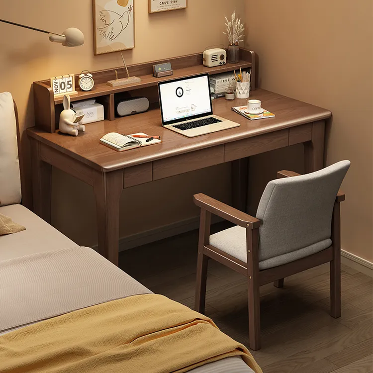 实木书桌学生儿童带书架一体写字台书房简易电脑桌卧室床边学习桌