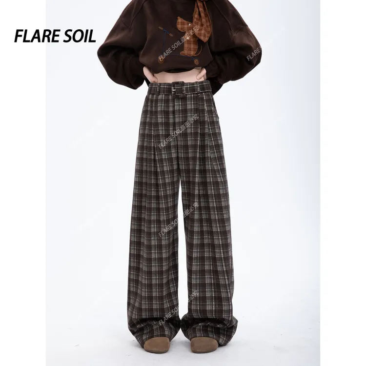 【FLARE SOIL】拼接格纹高腰长裤休闲裤百褶格子秋装出游裤 T4736B