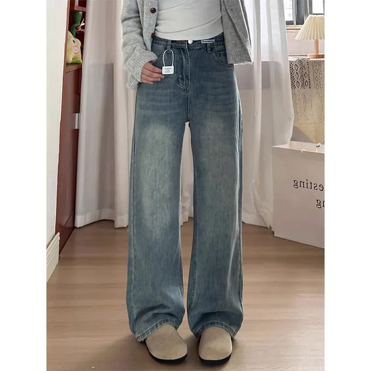 复古蓝新款牛仔裤子女春秋大码女学生高腰显瘦直筒阔腿长裤