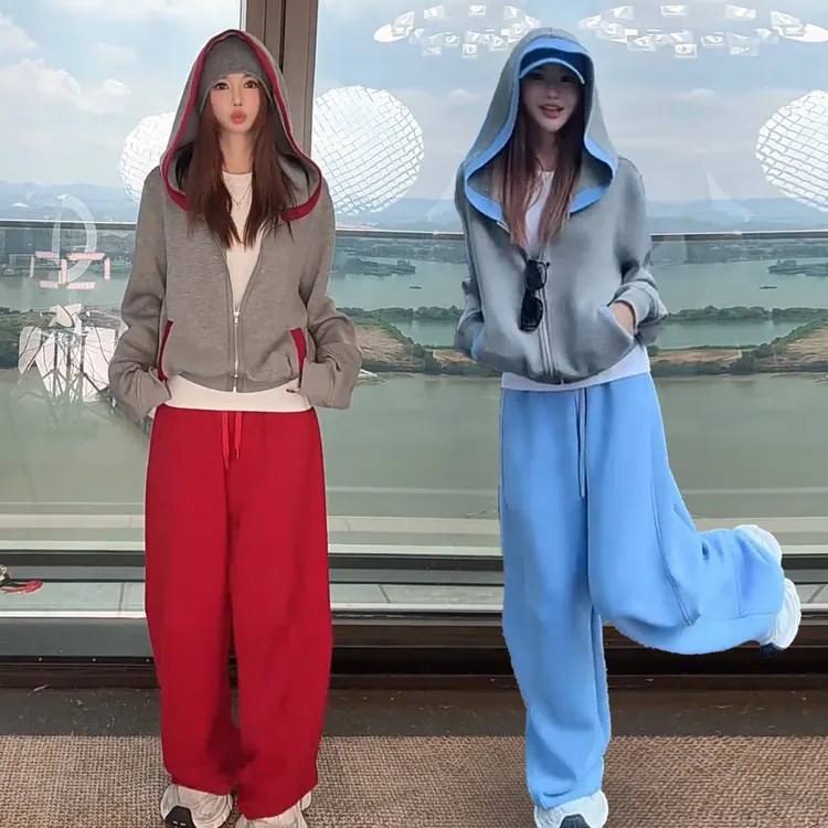 时尚洋气休闲运动服套装女2025春秋新款超好看撞色连帽卫衣阔腿裤