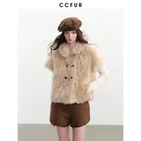 CC皮草 进口托斯卡纳羊毛皮毛一体托卡半卷短袖小斗篷 京都美奈