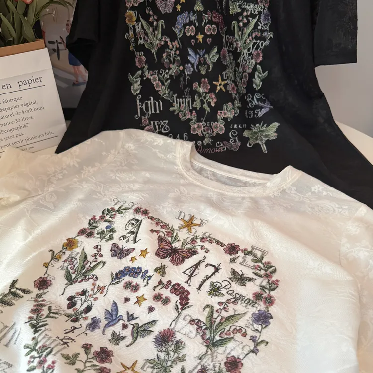 美亚恩NANA【蝴蝶花园】圆领重工提花蕾丝短袖T恤宽松遮肉C0311