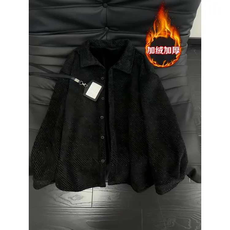 美式满天星加绒衬衫男款秋冬小香风斑马纹加厚外套情侣松弛感衬衣