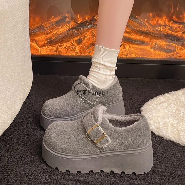 厚底毛呢勃肯鞋女冬加绒2025新款一脚蹬乐福棉鞋小个子百搭松糕鞋