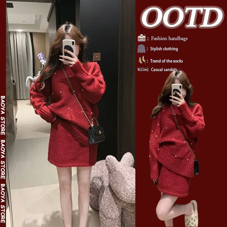 新年衣服一整套2025新款洋气减龄显瘦红色套头毛衣针织短裙两件套