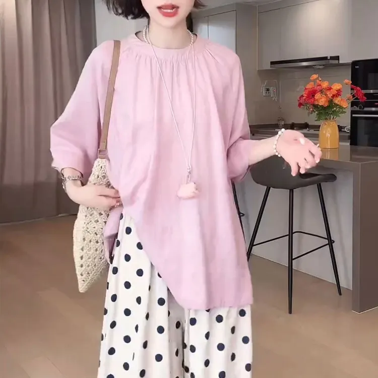 2025夏新款圆领欧若舒适休闲上衣时尚大码纯色百搭中长款拉链T恤