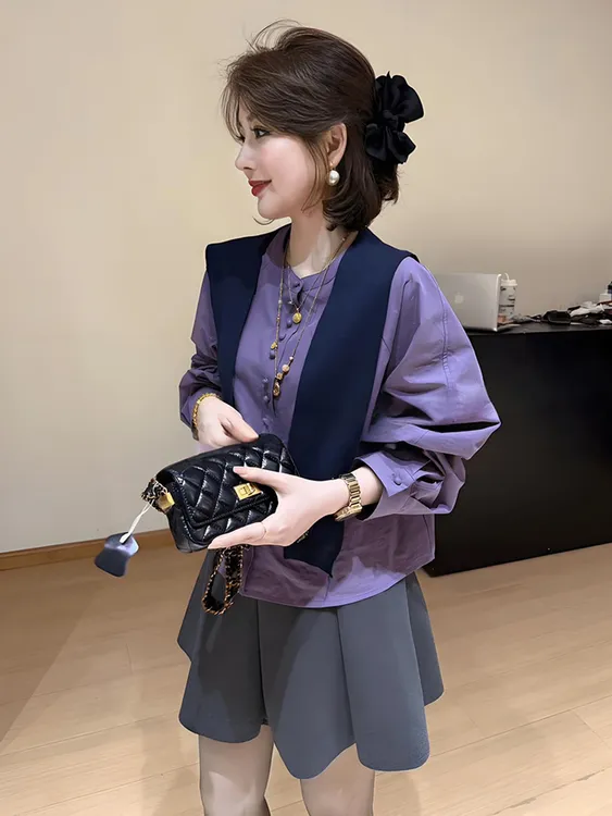 独特超好看上衣轻奢高级感减龄洋气设计感小众披肩紫色衬衫女秋季