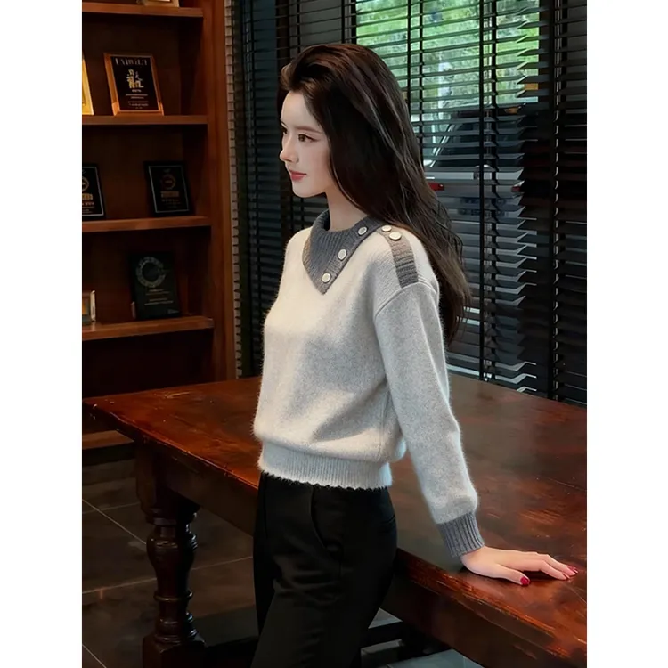 2025冬季新款老钱风拼色翻领针织衫毛衣高级感休闲气质长袖上衣潮