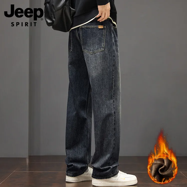 JEEPSPIRIT吉普加绒牛仔裤男士冬季复古男款宽松直筒百搭长裤子男