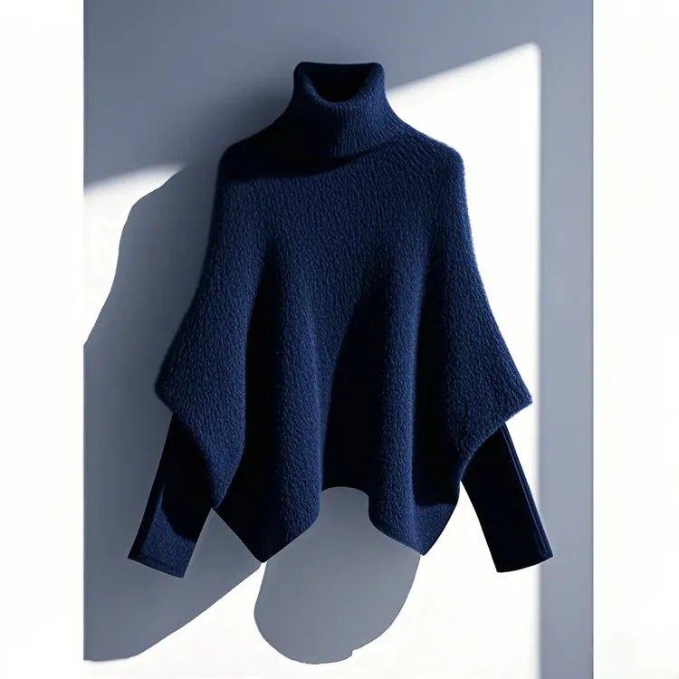 冬季新款高级感超好看气质蓝色针织衫上衣不规则假两件斗篷毛衣女