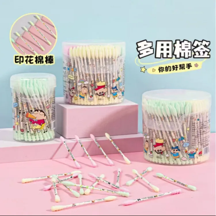 蜡笔小新桶装棉签螺旋尖头掏耳一次性印花纸