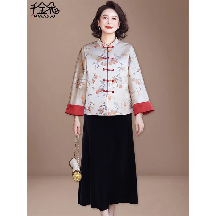 新中式妈妈秋装连衣裙套装2025新款中老年女春秋季国风外套两件套