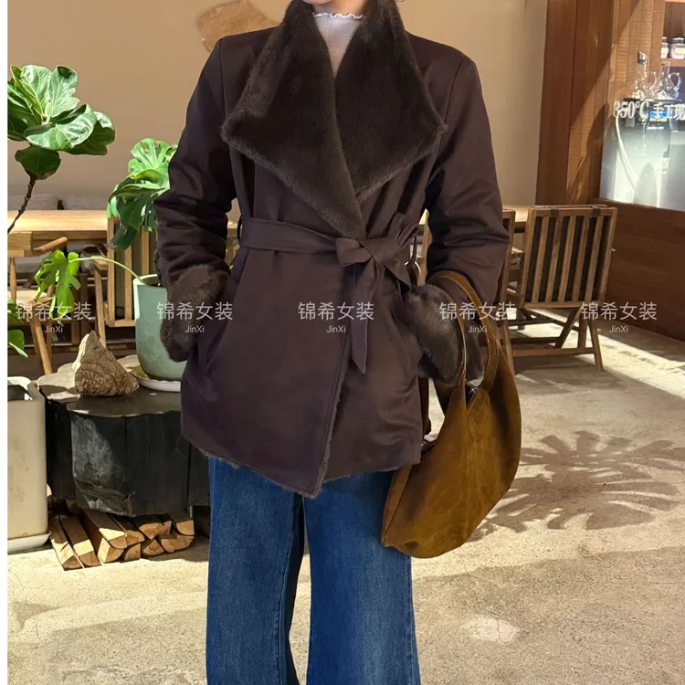 2025冬季复古洋气麂皮绒毛毛一体加厚翻领中长款风衣外套#2515