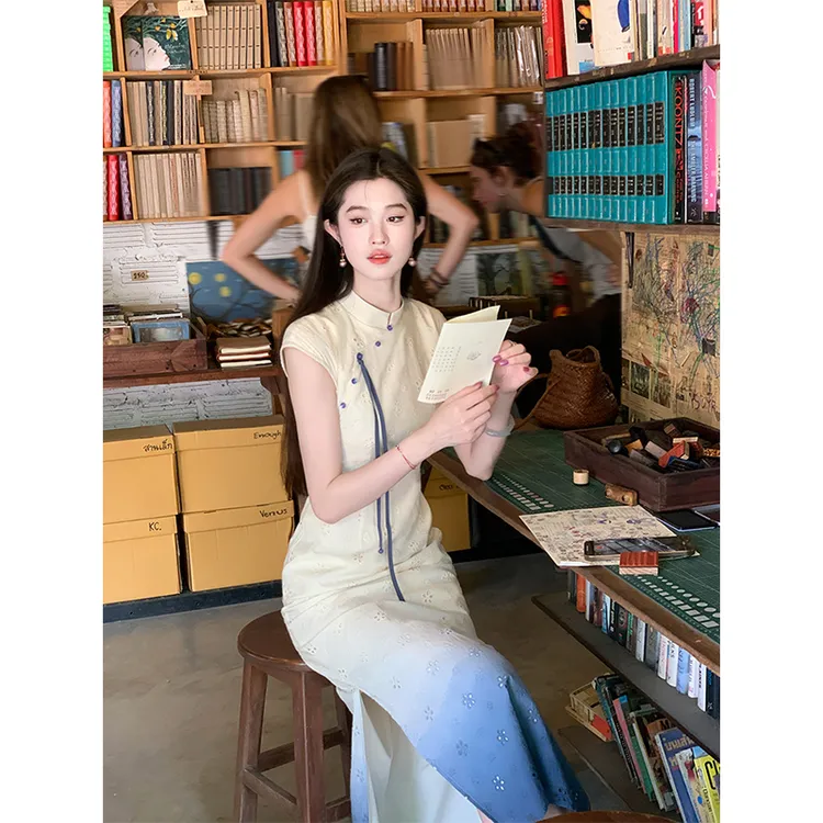 凌茜【云水谣】国风新中式文艺长款旗袍女复古短袖气质修身裙子