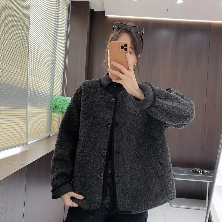 IMFLY金小金自制女装 两面穿棉服DYW10022秋冬圆领单排扣棉衣外套