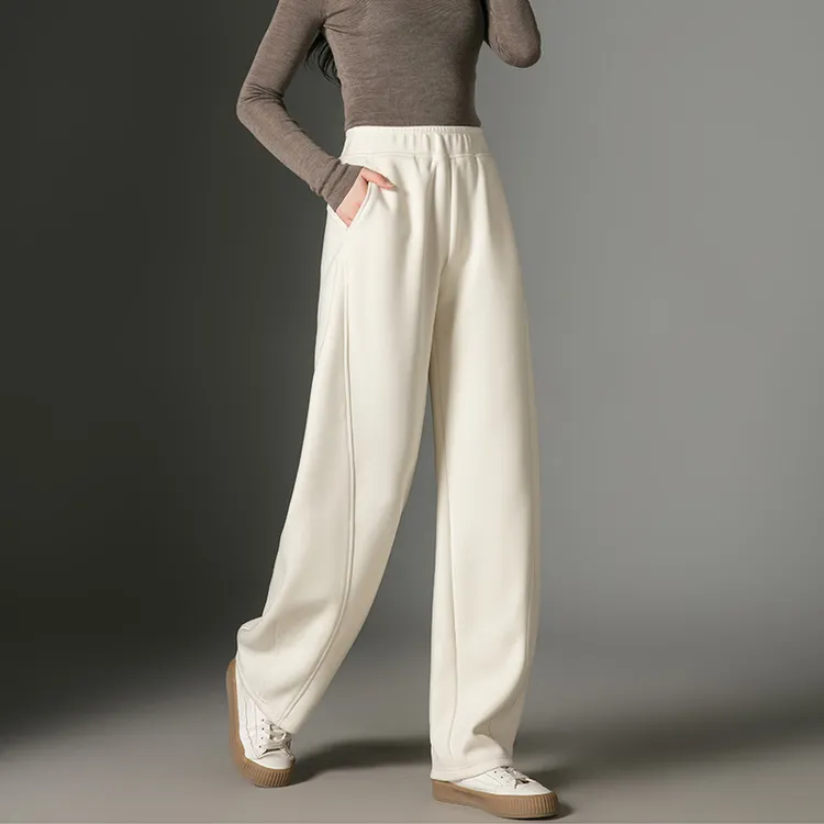 高档米白醋酸羊毛糯米裤女休闲裤2025秋冬新款高腰遮肉显瘦弯刀裤